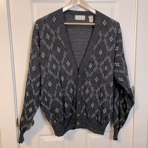 VTG Murano wool blend grey diamond plaid 1/2 button cardigan sweater sz L